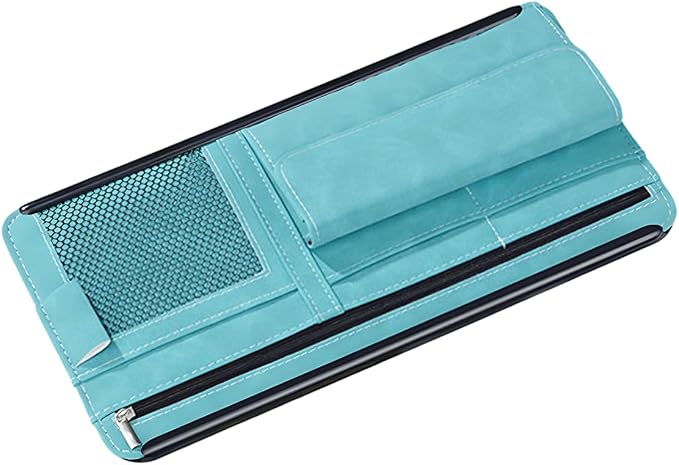 Car Sun Visor Organizer, Multi-Pocket Vehicle Sun Visor Storage Pouch with Sunglasses Box, Auto Interior Sunshade Eyeglasses Card Holder Organizers, Universal for SUV Sedan Truck (Blue)
