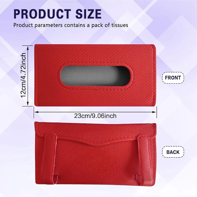 Car Visor Tissue Holder, Tissue Box Holder for Car, Leather Auto Sun Visor Napkin Case Mask Dispenser, Automotive Accessories Rectangular Hanging Auto Napkin Box Fit for Most Vehicles (Red)