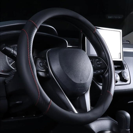Carbon Fiber Leather Steering Wheel Cover Black - Premium Perforated Leather Sport Wrap with Odorless Rubber Non-Slip Inner, Universal Fit for Cars Trucks SUVS - 15 Inch