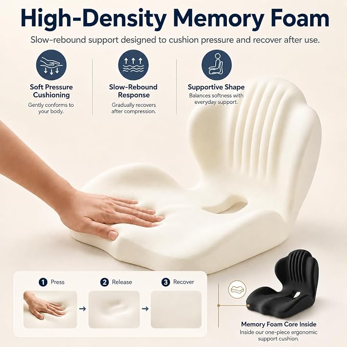 Ergonomic Car Seat Cushion with Lumbar Support, Pressure-Responsive Memory Foam, Enhanced Pelvic Stability for Pressure Relief, Ideal for Long Driving, Office & Home (Deep Black)