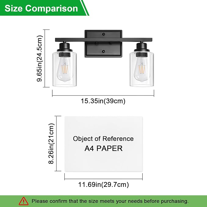Unicozin 2 Light Bathroom Light Fixtures, Modern Vanity Lights Over Mirror, Black Wall Lamp with Clear Glass for Living Room Cabinet Bedroom Porch