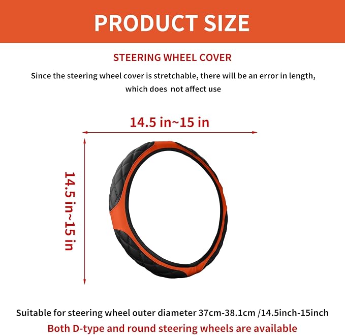 15 Inch Leather Steering Wheel Cover, Automotive Accessories Breathable Anti-Slip Elastic Soft Wheel Protector, Fit for Most SUVs Trucks and RVs (Orange)