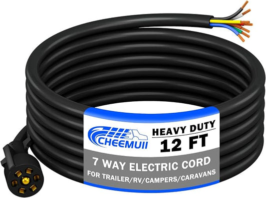 CheeMuii 12 FT 7 Way Trailer Cord Heavy Duty 12 FT Trailer Wiring Harness 7 Pin Trailer Plug Inline Wire Harness Cable for Trailers RVs Campers