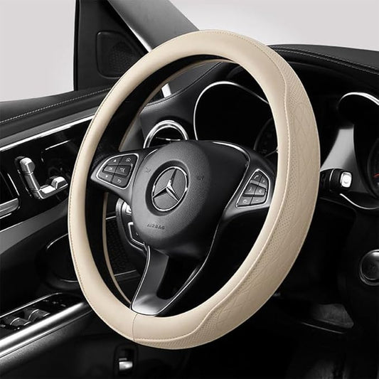Beige Steering Wheel Cover, Perforated Synthetic Leather Car Steering Cover with Odorless Rubber Inner, Universal Non-Slip Fit for Light Color Interiors (Beige)