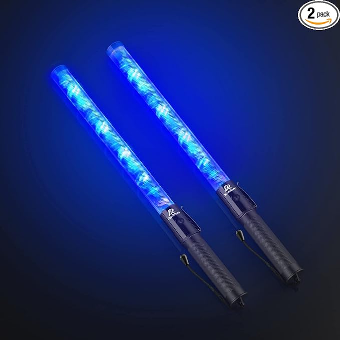RoadHero 2 Pack 21 Inch Traffic Wands, Blue Led Traffic Control Baton, Night Safety Light Wand with 2 Flashing Modes, Air Marshaling Signal Wand with Side Clip for Parking Lot