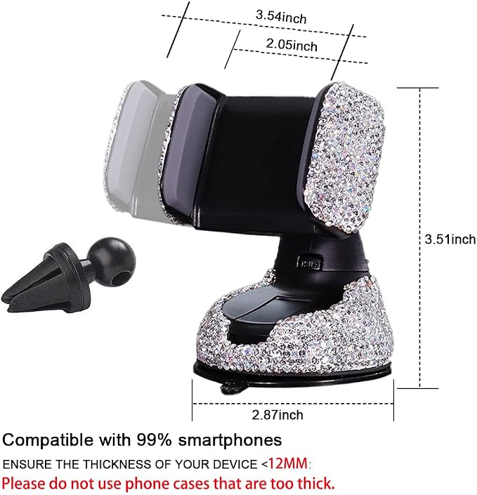 SUNCARACCL Bling Car Phone Holder, 360°Adjustable Universal Rhinestone Crystal Auto Phone Mount Stand Accessories for Windshield Dashboard and Air Outlet (White)