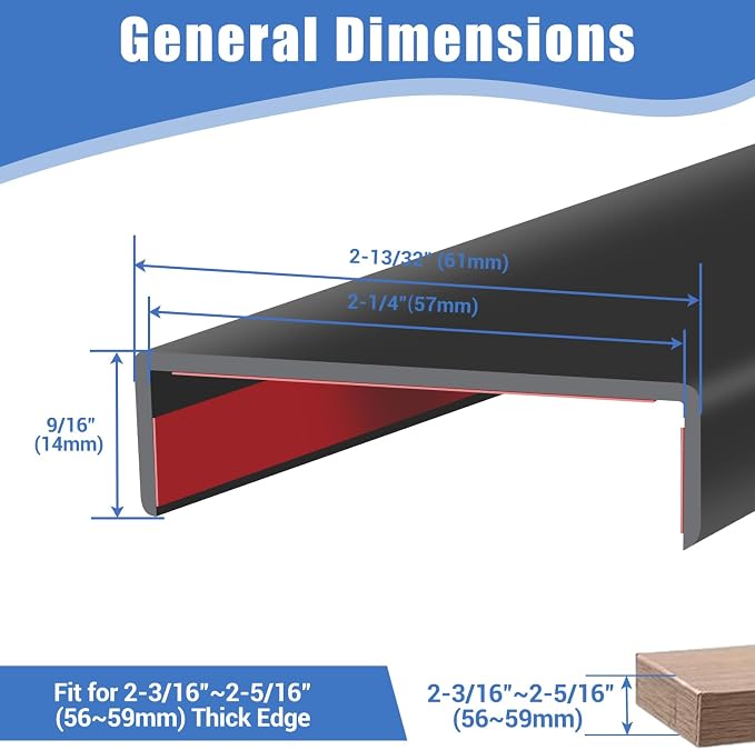 Rubber Edge Trim, Self-Adhesive U Shaped Edge Protector for Plywood, Cabinet, 2-1/4" Wood Edge Banding, Flexible Furniture Repair, EPDM Material, Fit 2-1/4"(57mm), Length 20Ft, Black