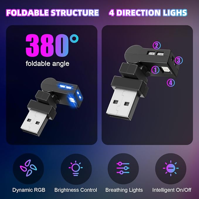 Frienda 2 Pcs Mini USB LED Light Car LED Interior Lighting 5v RGB Foldable Ambient Lighting Adjustable 8 Color and Brightness Smart USB Night Lamp for Cars Laptop Keyboard (Manual Switch Type-c)