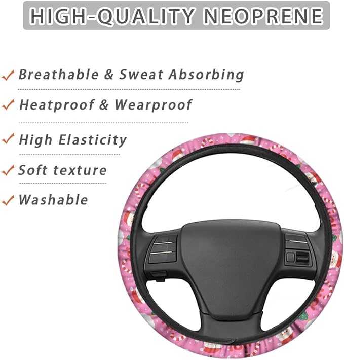 AFPANQZ Steering Wheel Cover for Women Sweat Absorbing Non-Slip Protection | Santa Claus Pink Print, Universal Fit Most Car Sedans SUVs, Comfort Grip Breathable Steering Wheel Protector