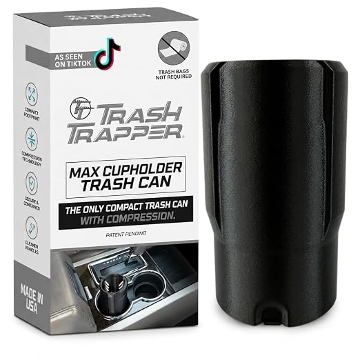 Trash Trapper Car Trash Can Cup Holder | Max Car Trash Can | Fits in Most Cupholders | 5.6" x 3.5" | Traps More & Empties Less, Patent-Pending Compaction, Holds Many Weeks Small Garbage, Black/Grey