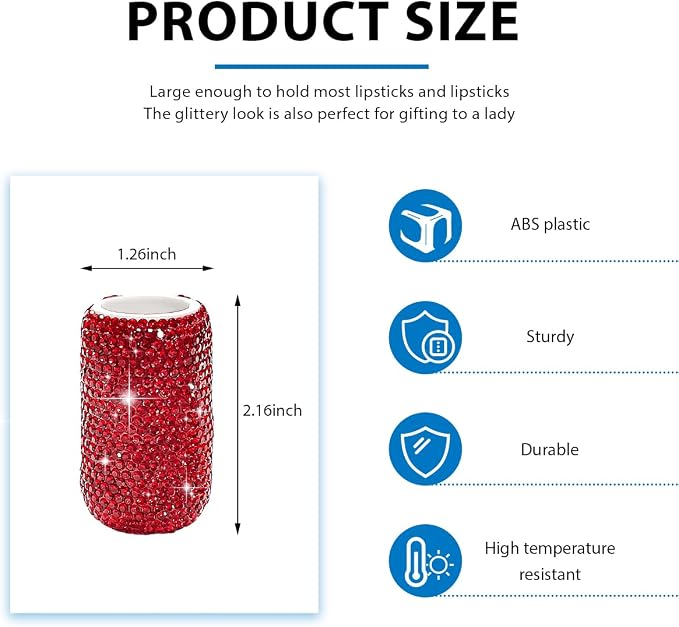 DXNQ Upright Car Lipstick Holder, Bling Strong Adhesive Upright Lipstick Organizer Vehicle Lip Balm Holder, Sparkling Rhinestone Auto Interior Insulating Lip Balm Mount for Women (Red)