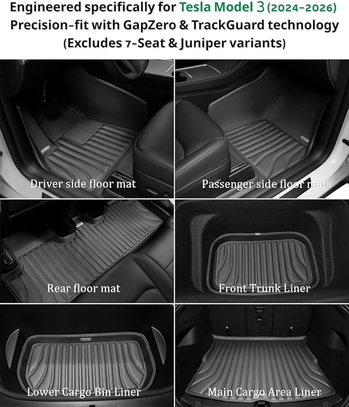 SUPER LINER Floor Mats & Cargo Liners Compatible with 2024-2026 Tesla Model 3 Highland, All-Weather Full Cabin Protection System, Premium Soft Mat Set for Floors, Trunk, Frunk & Seatbacks