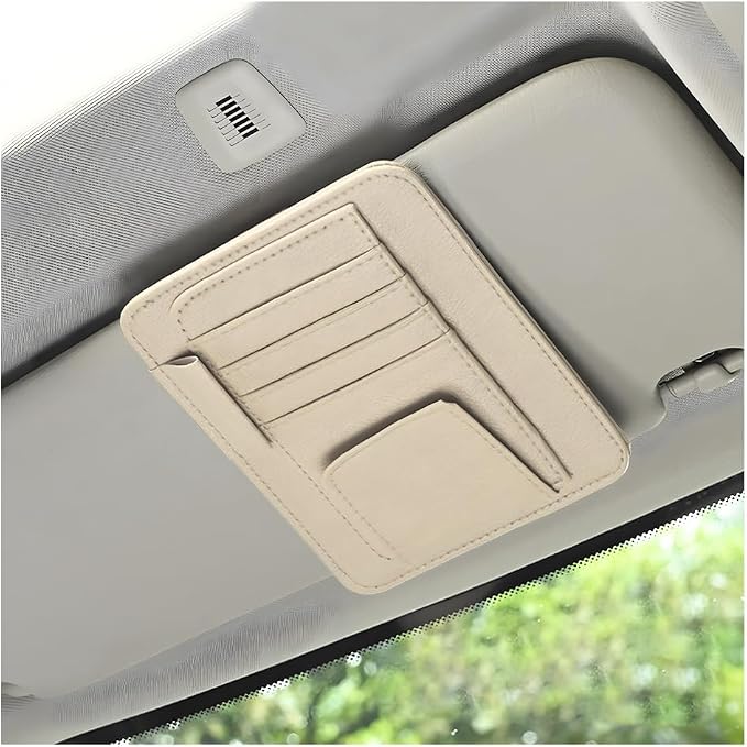 povtii Car Sun Visor Organizer, Waterproof Leather Car Sun Visor Storage Clip, Multifunctional Vehicle Sun Visor Folder with Sunglasses Clip, Universal Interior Car Accessories (Beige)