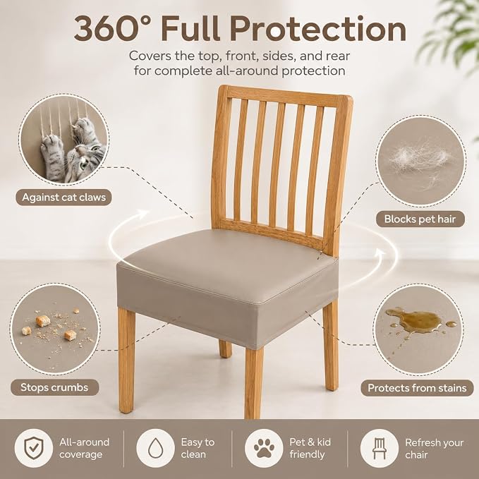 NILUOH Waterproof Seat Covers for Dining Room Chairs Set of 6, Pu Leather Chair Seat Slipcovers Dining Chair Cover Removable Washable Chair Protctor Cover, Rear Covers (PU-Taupe)