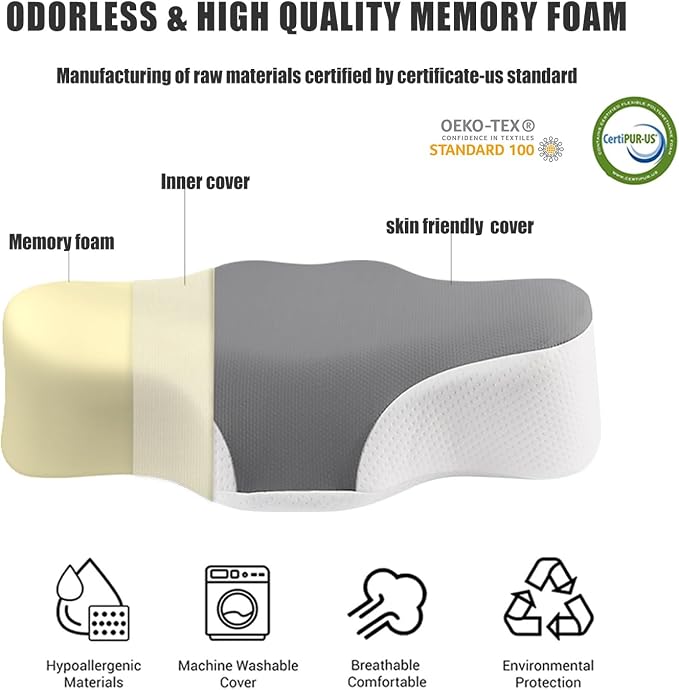 Bespilow Camping Travel Pillow for Sleeping - Memory Foam Cervical Neck Support Pillow for Neck Pain Relief, Inflatable Alternative, Compressible Cooling Orthopedic Pillow for Backpacking, Airplane
