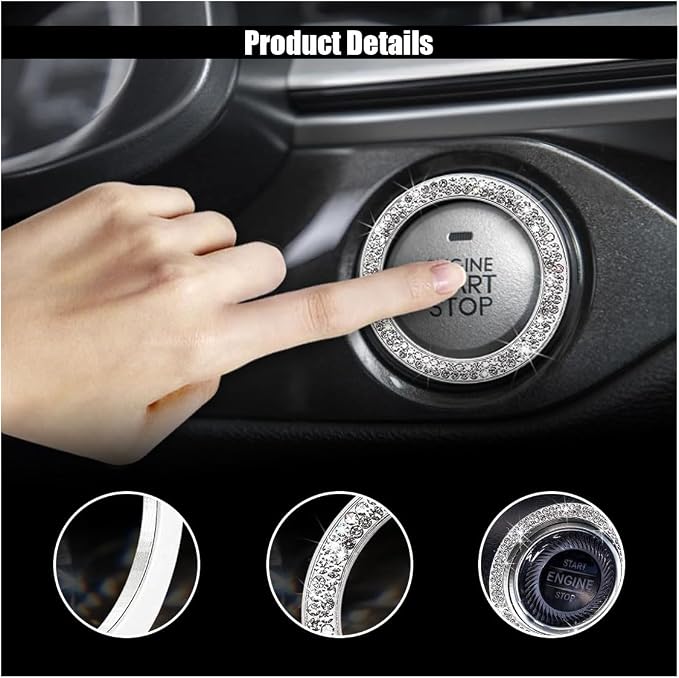 Car Bling Crystal Rhinestone Engine Start Decoration Ring, Start Button Cover Sticker Key Ignition & Knob Decoration, Bling Car Interior Accessories for Women (White)