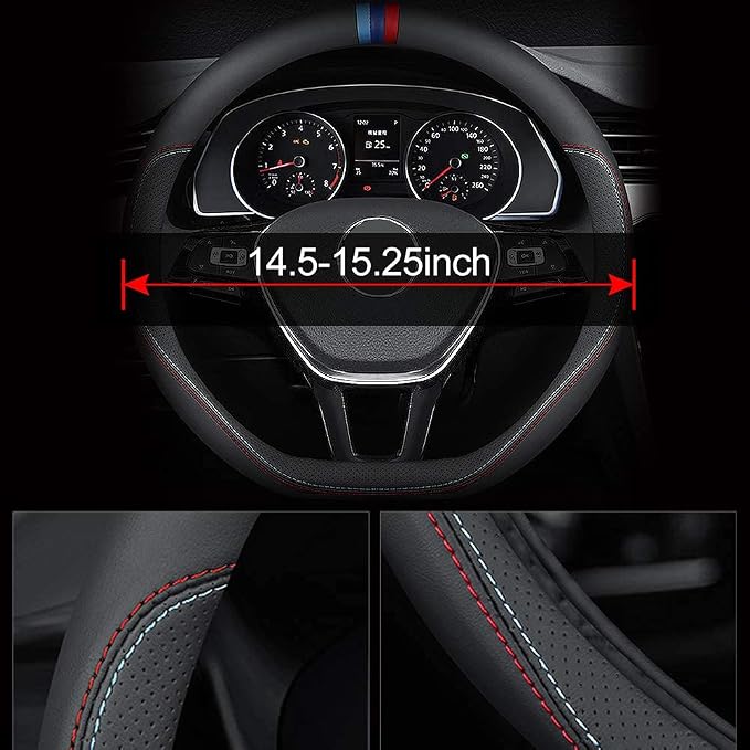 Carodi Latest Nappa Leather car Steering Wheel Cover, Stylish Non-Slip Leather car Interior 15 inches Universal (D-Shape,Black)