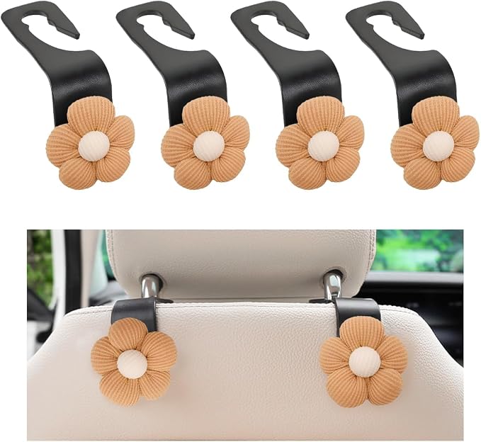 4 PCS Car Seat Headrest Hooks, Cute Flower Car Seat Back Organizer Bag Holder Hooks, Automotive Seat Hook Hanger Storage Organizer for Purse Cloth Grocery Bags, Car Accessories (Brown+Black)