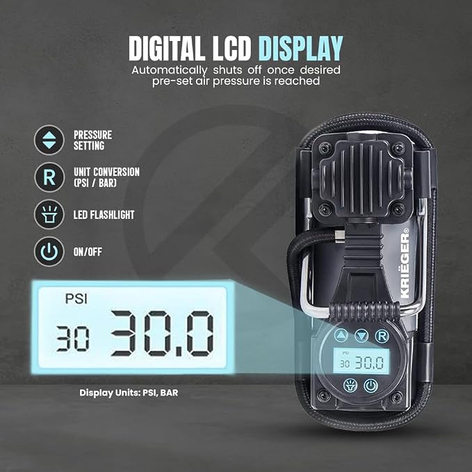 K KRIËGER Air Compressor Portable Tire Inflator 12V DC Air Pump for Car Tires with Digital Tire Pressure Gauge 120 Max PSI Preset Pressure Feature, LED, Digital Display Includes Storage Bag