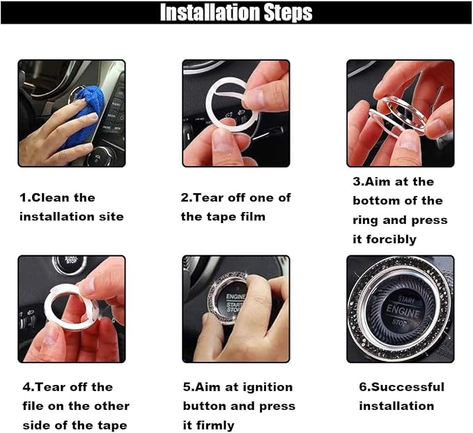GLSOWEE Car Bling Crystal Rhinestone Engine Start Decoration Ring, Ring Start Button Cover Sticker Key Ignition & Knob Ring Decoration, Bling Car Interior Accessories for Women (Black)