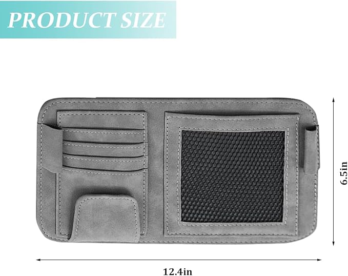 Car Sun Visor Organizer, Multi-Pocket Vehicle Sun Visor Storage Pouch with Sunglasses Clip, Auto Interior Sunshade Eyeglasses Card Holder Organizers, Universal for SUV Sedan Truck (Gray)