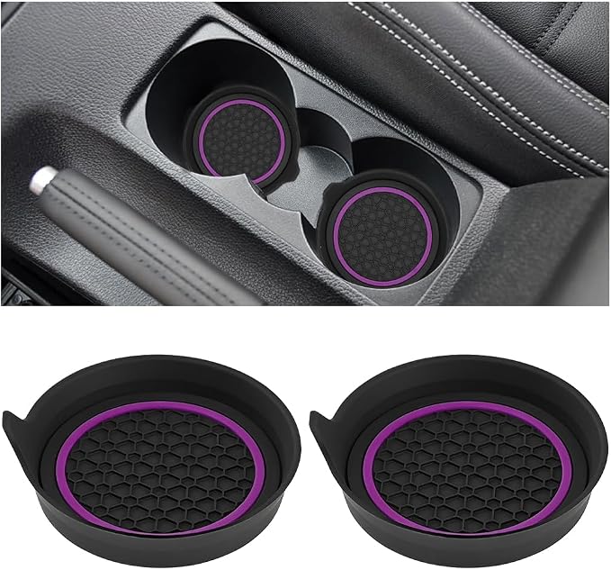 HZEL Car Cup Holder Coasters, 2PCS Non Slip Waterproof Vehicle Water Bottle Pads, Recessed Automotive Drink Mat Decoration Accessories, Universal Fit (Purple/Black)