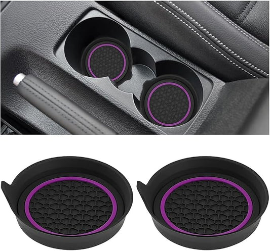 HZEL Car Cup Holder Coasters, 2PCS Non Slip Waterproof Vehicle Water Bottle Pads, Recessed Automotive Drink Mat Decoration Accessories, Universal Fit (Purple/Black)