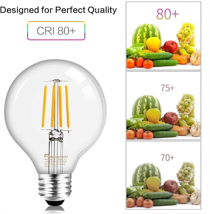 MASTERY MART G25 Globe Light Bulbs, Dimmable, E26 Base, 60W Equivalent, 2700K Soft White, Vintage Filament for Bathroom Mirror, 5.5W LED, UL Listed, Energy Star, 6-Pack