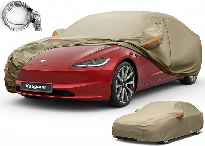 Kaugung Custom Fit Car Cover for Tesla Model 3 (2017-2026), Heavy Duty All Weather Waterproof Outdoor Cover, Sun Rain UV Protection with Driver Door Zipper, Mirror Pockets, Vents & Charging Port