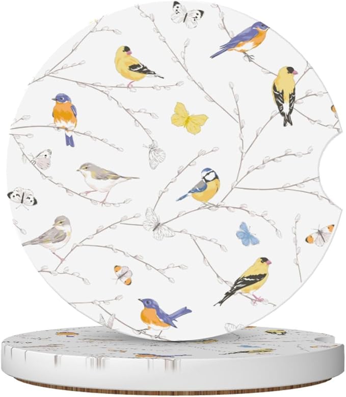 Bird Butterfly Car Coasters for Cup Holders,2 Pack Car Cup Holder Coasters for Car,Ceramic Absorbent Car Coaster with A Finger Notch and Cork Base,Car Interior Accessories for Women Men