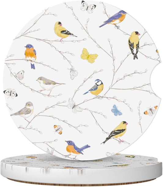 Bird Butterfly Car Coasters for Cup Holders,2 Pack Car Cup Holder Coasters for Car,Ceramic Absorbent Car Coaster with A Finger Notch and Cork Base,Car Interior Accessories for Women Men