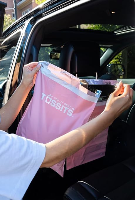 Tossits Hanging Car Trash & Garbage Bags, Disposable, Pink 21 Count | 2 gal, 12 x 15 in, fits over headrest or console, recycled plastic, leakproof, seals odors, everyday light waste