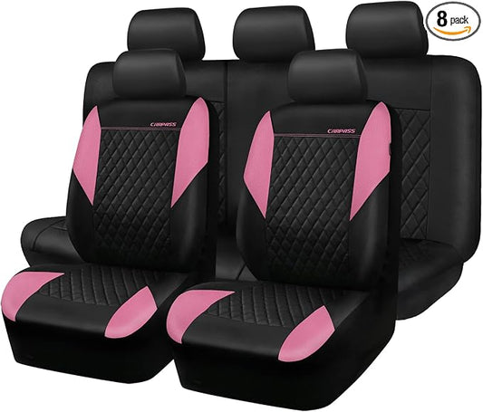 CAR PASS Pink Leather Seat Covers,Girly Quilting Pretty Cute Car Seat Cover with 5mm Composite Sponge Inside,Airbag Compatible, Universal Fit for Most Sedan,SUV,Vans(Full Set,Pink)