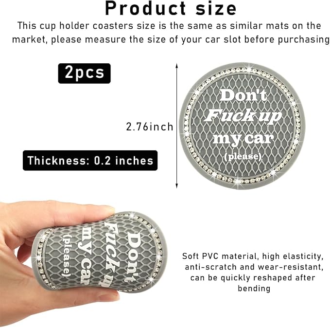 2 PCS Bling Car Cup Coaster, 2.75 Inch Anti-Slip Cup Holder Insert Coasters, Crystal Rhinestone Auto Drink Car Cup Mat for Women Girls, Universal Interior Car Accessories (Gray)