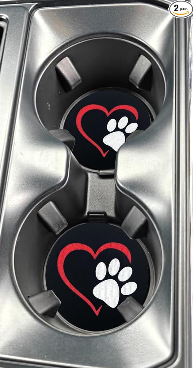 2PCS Dog Paw Heart Print Car Cup Holder Coasters, 2.73 Inch Anti-Slip Shockproof Automotive Drink Mat for Women and Men, Universal Vehicle Cup Holder Insert for RV, SUV, Truck (White&Red)