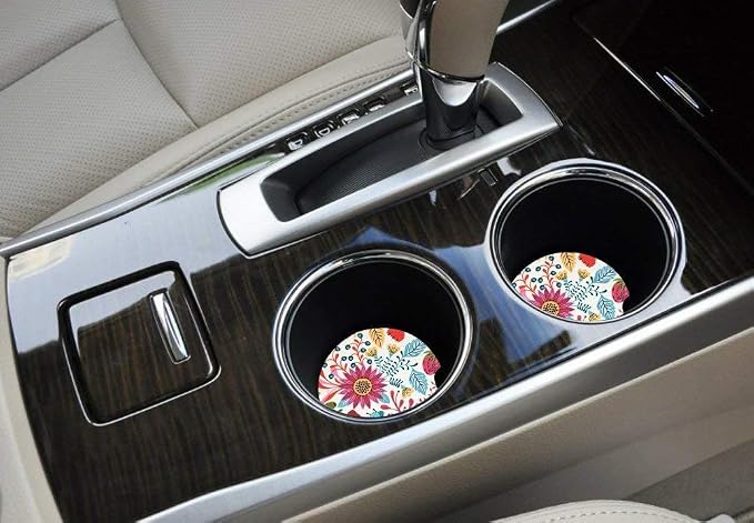 Sunflower Small 2.56" Absorbent Auto Coasters 2 Pack, Ceramic Car Accessories, Absorb Spills to Keep Cupholders Clean