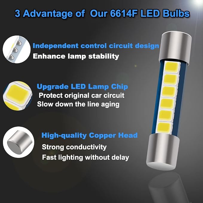 28mm 29mm Festoon LED Car Bulb, 6614F 6612F, 1.15in 6SMD 2835 Chips 6641 LED Bulb for Car Interior Vanity Mirror lights Sun Visor Light (6pcs 6000K White)