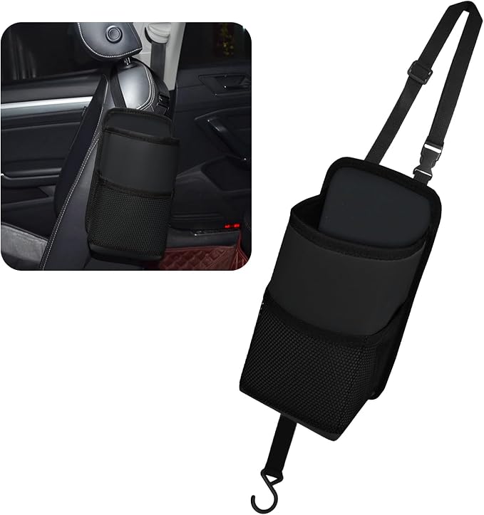 2 in 1 Large Cup Holder, 80oz Auto Water Bottle Holder Bag, Multifunctional Car Hanging Storage Bag for Big Drinks, Items, Vehicle Seat Side Organizer with Mesh Pocket, Car Accessories (Black)