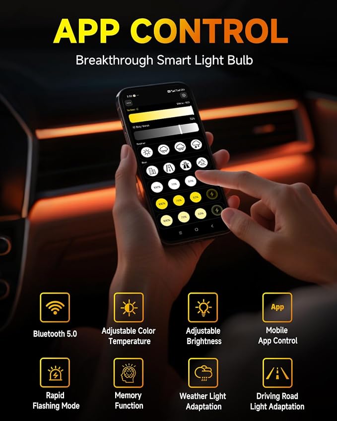 Termitor Smart H7 Light Bulb, 0-75,000LM 1500% Super Brighter, App-Controlled Dimming & Color Temperature, 3000K Yellow to 6500K Cool White for Bluetooth H7 Fog Light, Plug and Play, Pack of 2