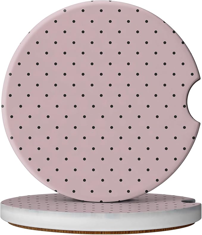 2 Pack Car Coasters for Cup Holders, Absorbent Ceramic Cup Coaster with Cork Base and Finger Notch, Cute Car Accessories Interior for Women Men (Pink Polka Dots)