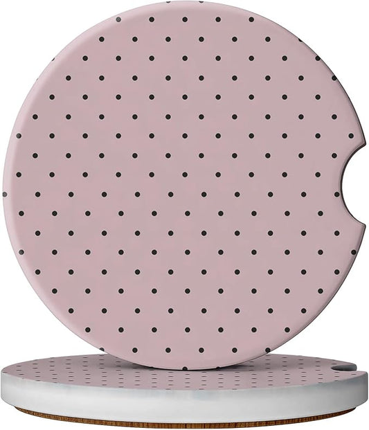 2 Pack Car Coasters for Cup Holders, Absorbent Ceramic Cup Coaster with Cork Base and Finger Notch, Cute Car Accessories Interior for Women Men (Pink Polka Dots)