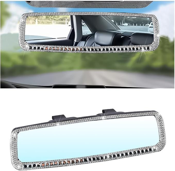 Osilly Bling Car Rearview Mirror, Decorations Rear View Mirror with Crystal Rhinestones & Diamonds, Car Interior Trim Accessories, Clip-on & HD Glass, Sparkly Gift (Silver-1)