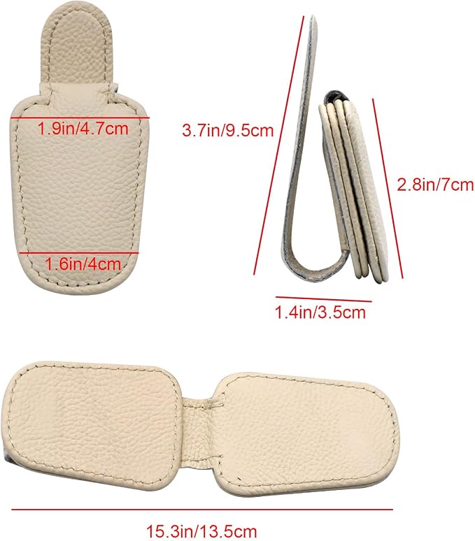2 Pack Magnetic Leather Car Visor Sunglass Holder (Beige) | Leather Glasses Eyeglass Hanger Clip for Car, Sunglass Clip Glasses Holder for Car Visor