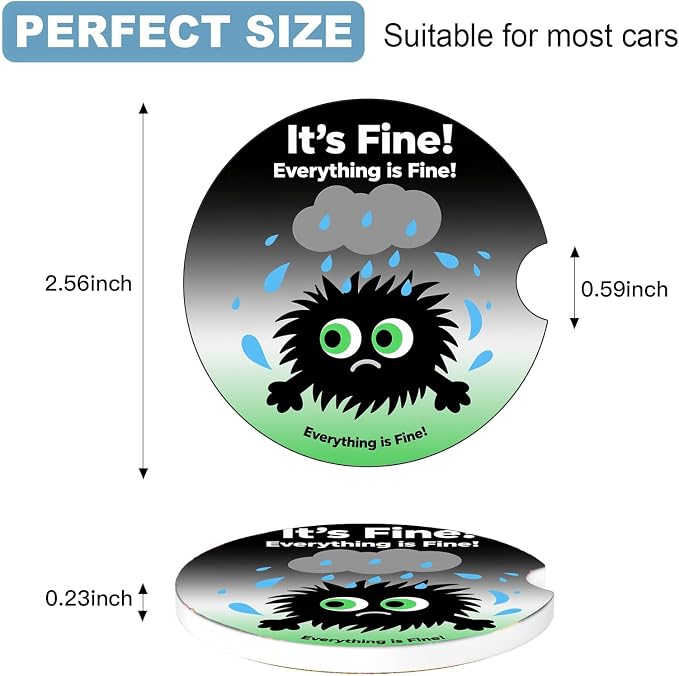 Car Cup Holder Coaster Set of 2, 2.56 in Ceramic Coasters, Scratch-Resistant Cork Backing, Finger Groove Design for Easy Placement, Cute Car Accessories Interior for Women (Little Monster)