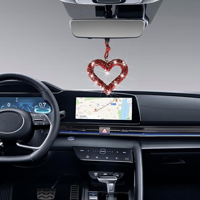 Mandark Bling Heart Car Hanging Accessories, Crystal Rhinestone Vehicle Rear View Mirror Charm Pendant Ornaments, Cute Diamond Auto Interior Hanger Decoration for Women Girls（Wine Red）