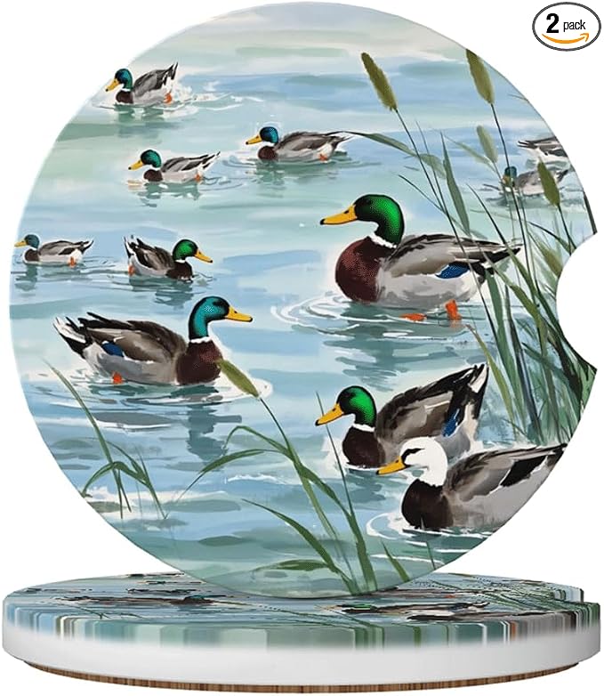 Ceramic Car Cup Coasters 2PCS - Retro Duck | with Cork Back & Finger Slot, Anti-Slip Shock Absorbing, Universal Car Interior Accessories for Men Women