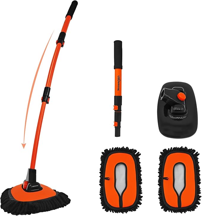 YeewayVeh 43" Car Wash Brush Mop, Extendable Long Handle, Orange | 15° Curved Soft Microfiber Mop for Truck & SUV Cleaning, Extra Mop Head, No Scratching