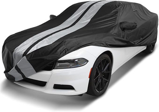 iCarCover Custom Car Cover Compatible with 2006-2023 Dodge Charger, Waterproof All-Weather Rain Snow UV Sun Protector Full Exterior Indoor Outdoor Car Covers, Stripe (Black/Gray)