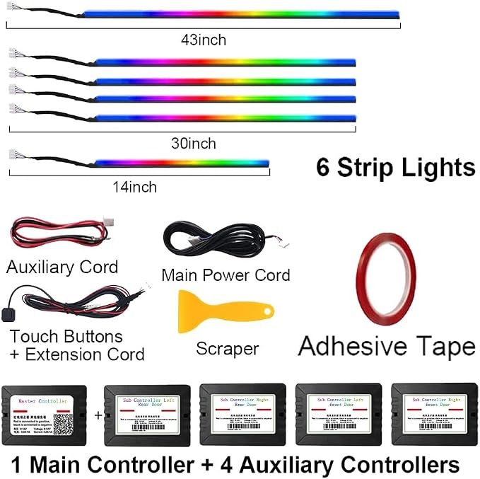 RGB 6 in 1 Interior Car LED Strip Light with Wireless APP,16 Million Interior Lights Car Dreamcolor Acrylic Ambient Lighting 600 LED Music Sync Neon Lights Kits (6 in 1 Set + App Control)