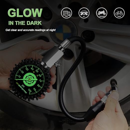 Tire Pressure Gauge 100psi Glow in The Dark, ATsafepro 2.5” Dial Mechanical Tire Gauges for Tire Pressure, Certificated Accuracy Analog Air Pressure Gauge for Cars, Trucks, Bicycles.